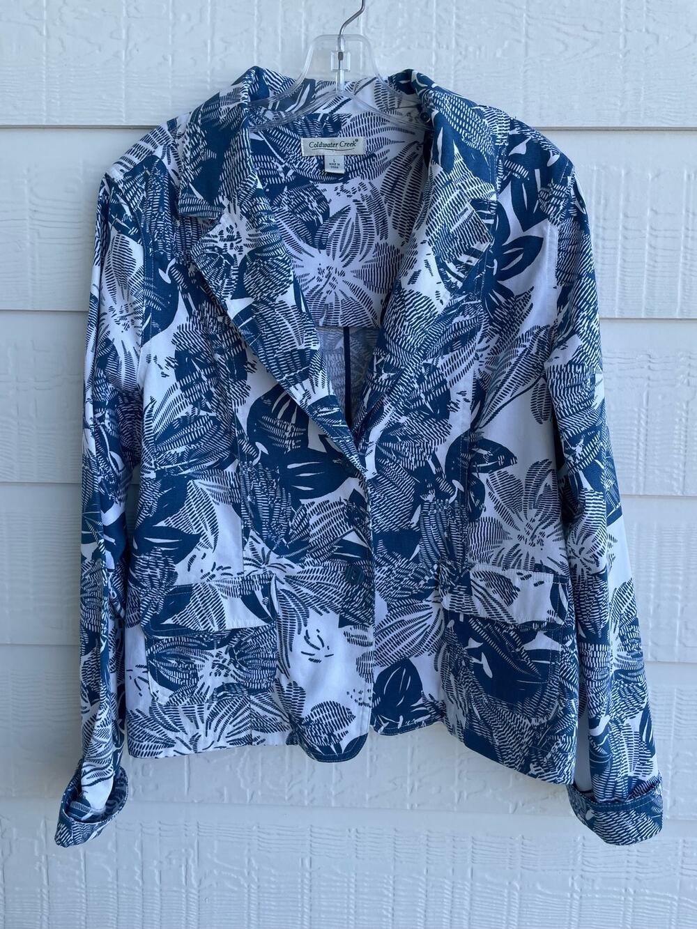 Coldwater Creek blue and white fern LG peplum jacket 100% Cotton - Picture 1 of 8